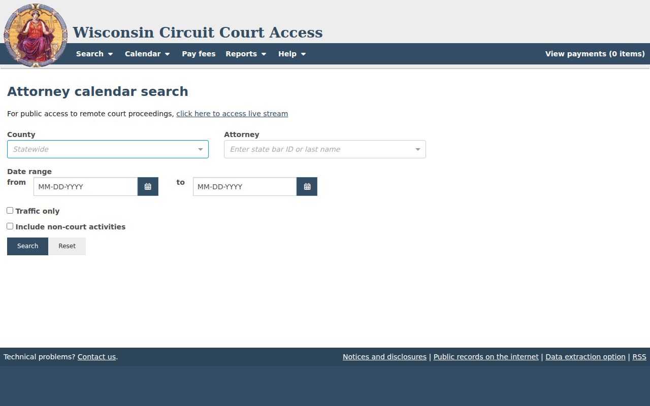 Fond du Lac County court calendar attorney search screen