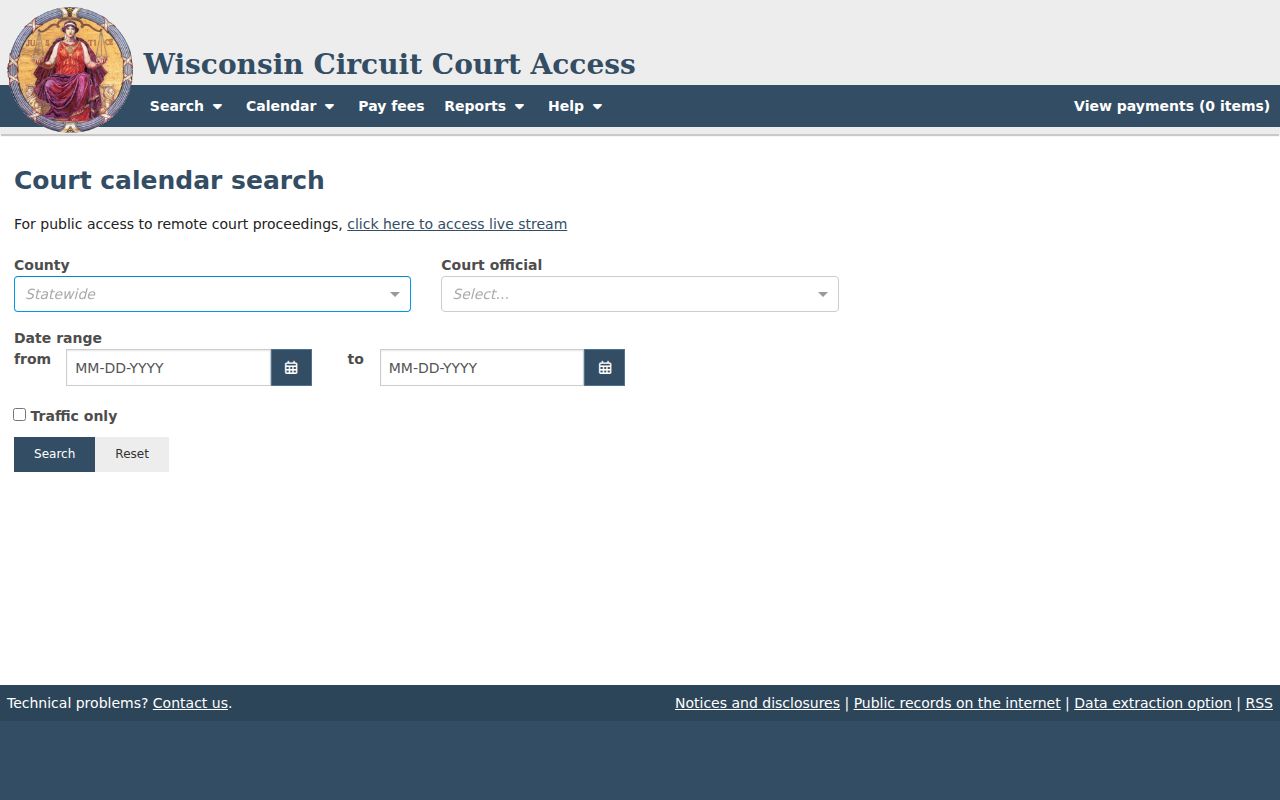 Fond du Lac County court calendar official search fields