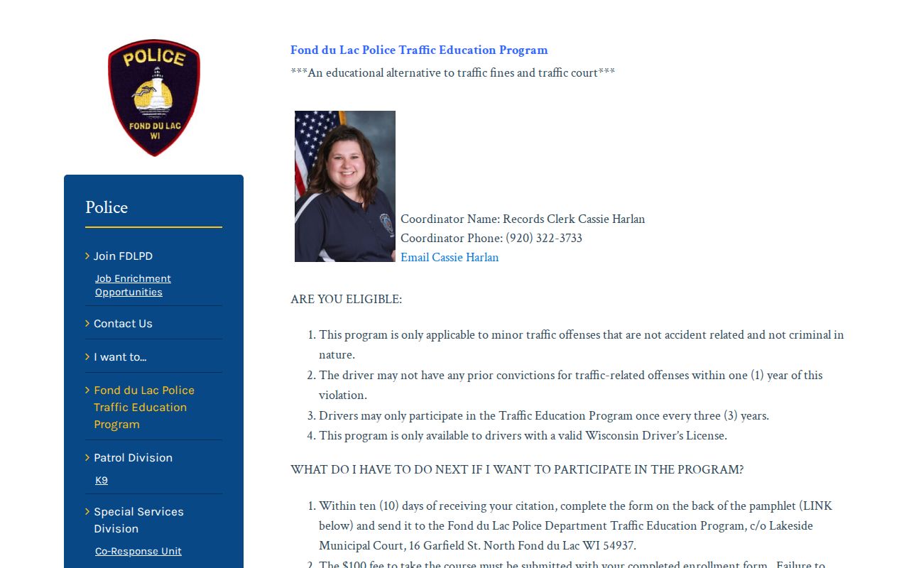 Fond du Lac County traffic court records and Traffic Education Program instructions