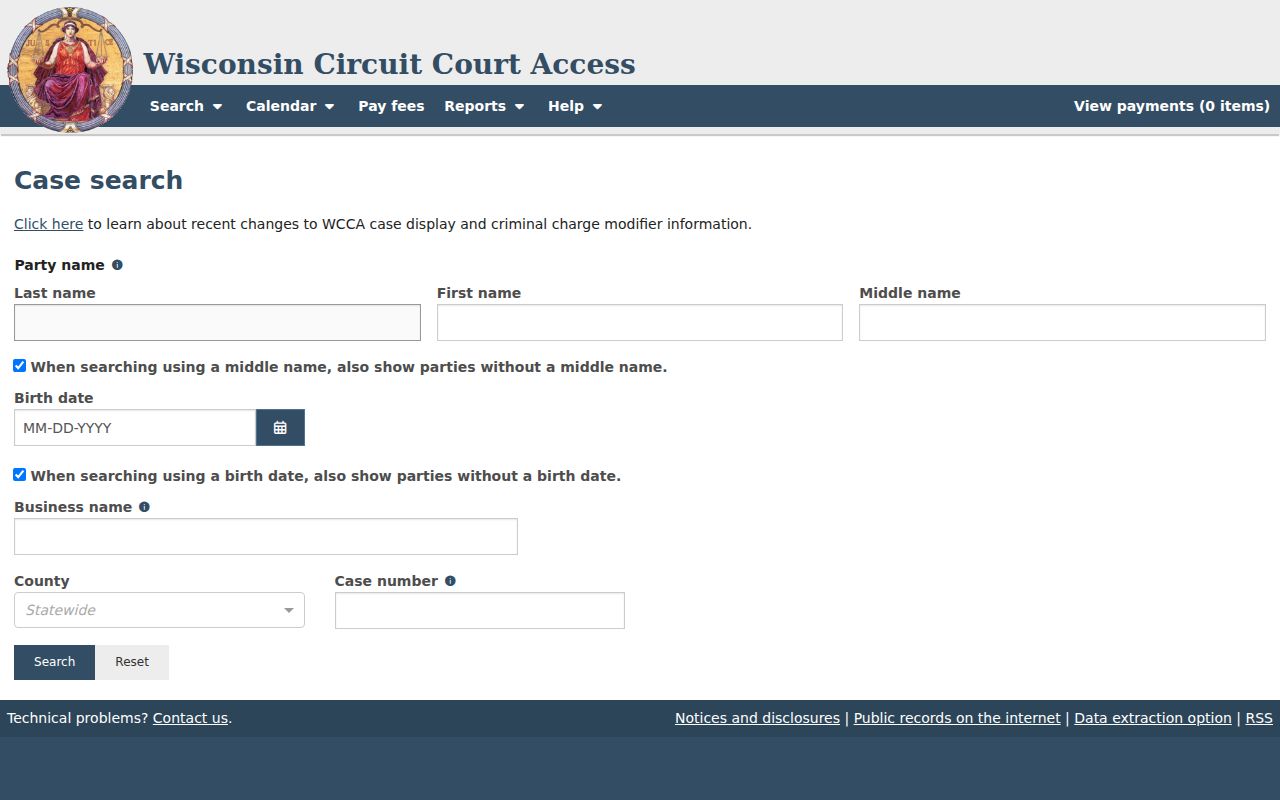 Fond du Lac County court docket WCCA search fields