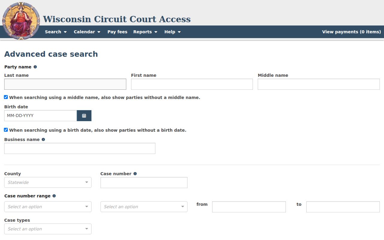 Fond du Lac County case search advanced fields
